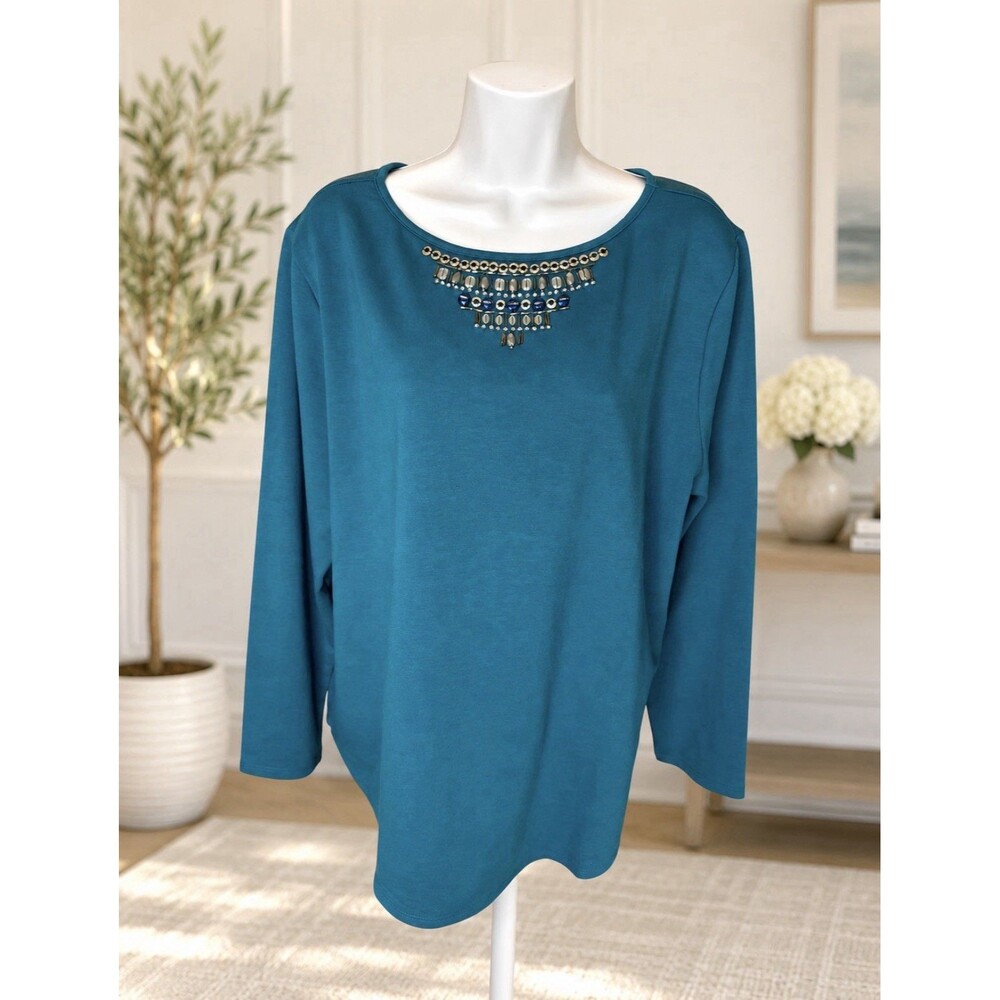Susan Graver Artisan Blue Long Sleeve Embellished Rhinestone Top Size Large NWT